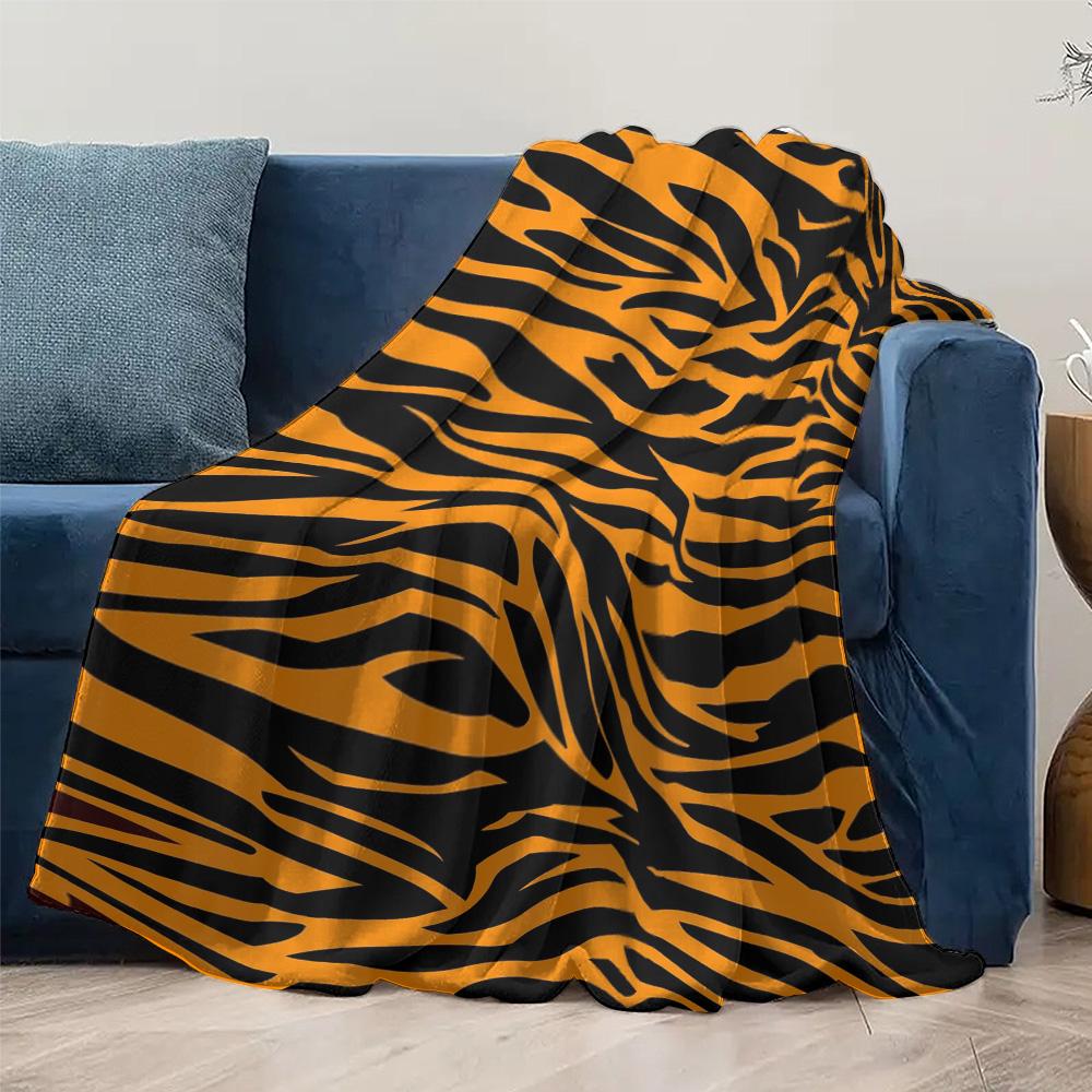 Orange Black Tiger Striped Fleece Blanket Soft Warm Throw Bed Sofa Cover Gift for Kids Teens Adults