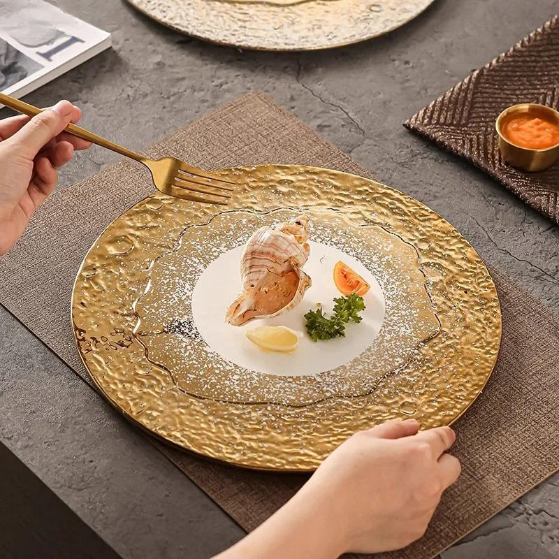Steingemustertes Weißgold Keramik Flacher Teller Steakteller Dessertteller Sushi-Schale Kochplatten Restaurant Kreatives Geschirr
