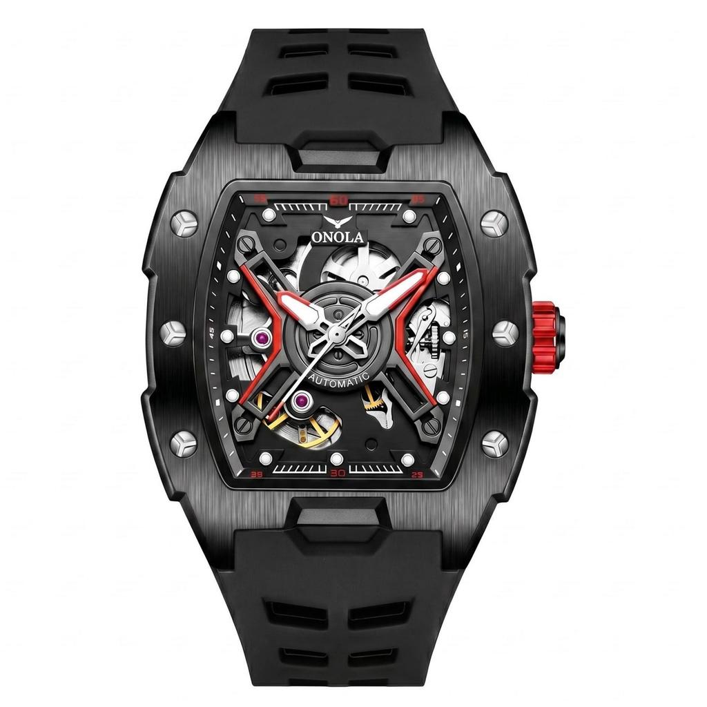 Luminous Skeleton Self Winding Mechanical Watches for Men Tonneau Shape Waterproof Sports Watch Rubber Strap