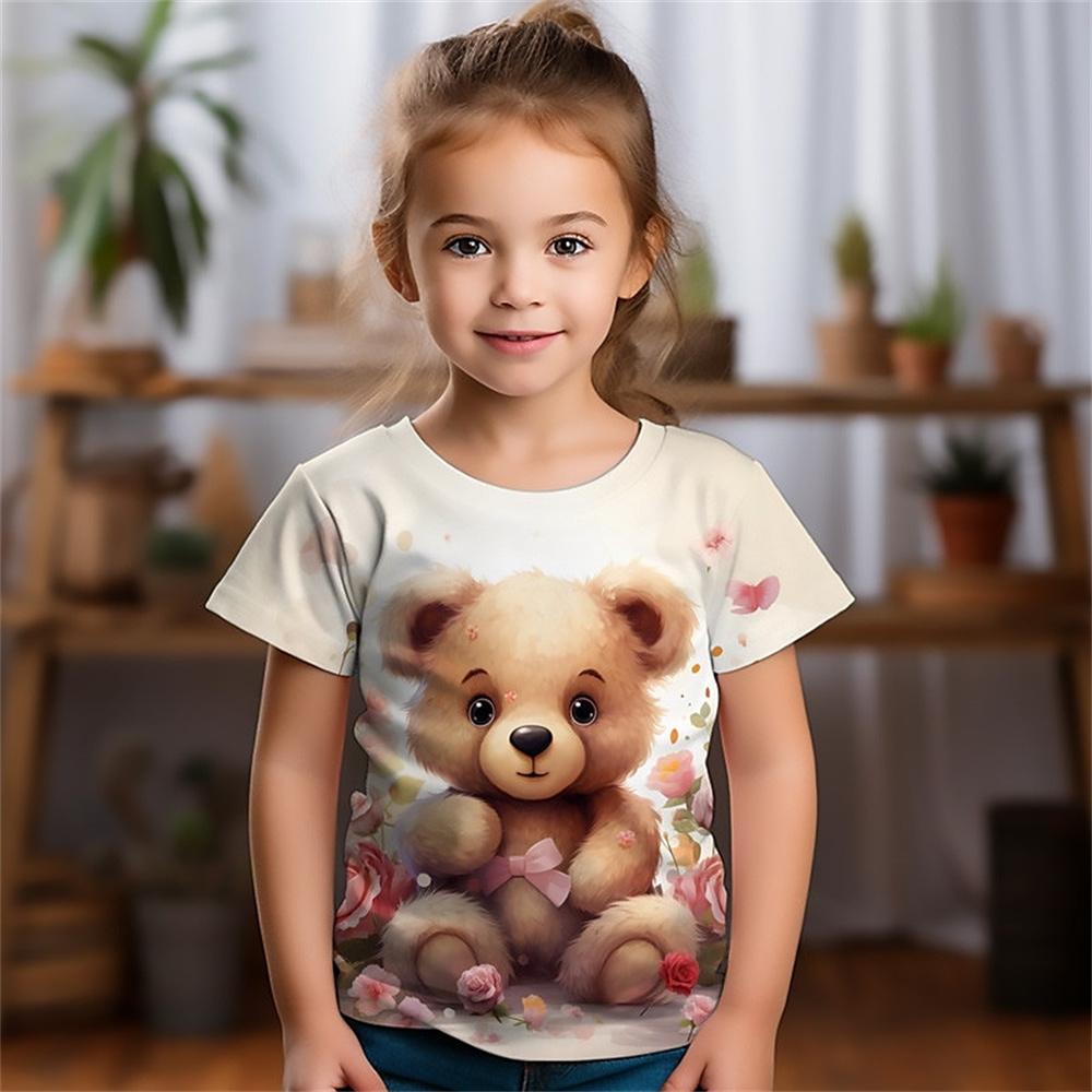 Cute Bear Print Baby Girl T-Shirt Summer Casual Short Sleeve Girls' T-Shirt Cool 3d Printed Fun Children's Clothing Top Tee