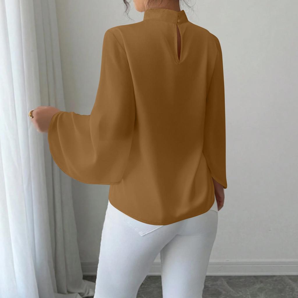 Cămașă de damă la modă, casual, largă, elegantă, cu guler înalt și mâneci lungi