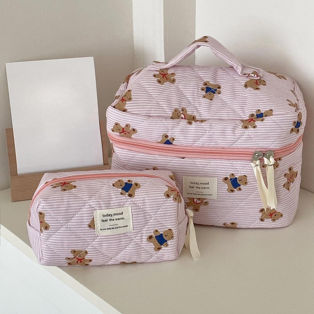 Pink Beige Bear Pattern Women Cosmetic Bag Cute Zipper Makeup Travel Organizer Female Handbag Toiletry Pouch for Girls