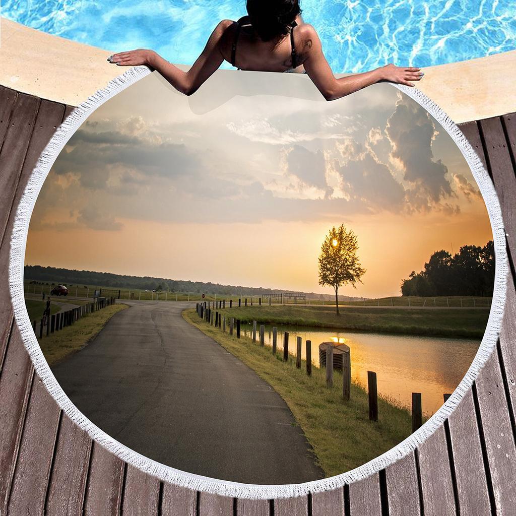 Pretty Country Scenery Print Round Beach Blanket,Polyester Sand Resistant Beach Towel,Absorbent Quick Dry Pool Towel Picnic Mat
