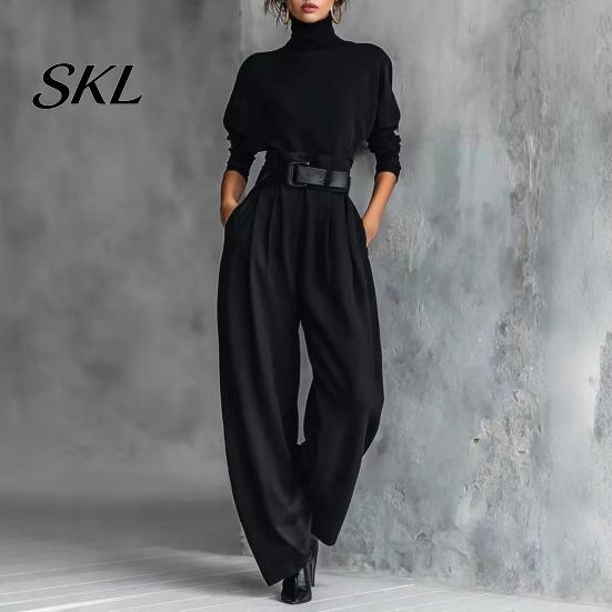 Women Casual Matching Set Women's 2 Piece Set, High Neck Long Sleeve Top And Fashionable Clothing Wide Leg Pants Sets, Dressy Business Office