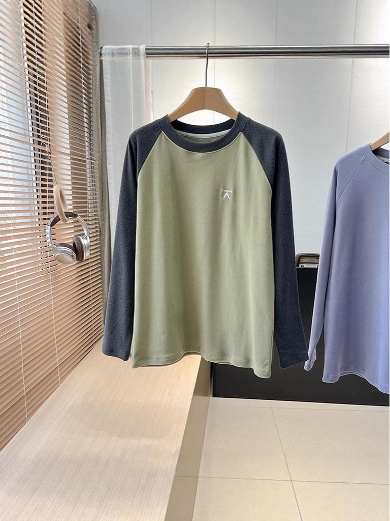 Unisex Outdoor Lightweight Color-Block Patchwork Round Neck Long Sleeve Fleece Base Layer T-Shirt