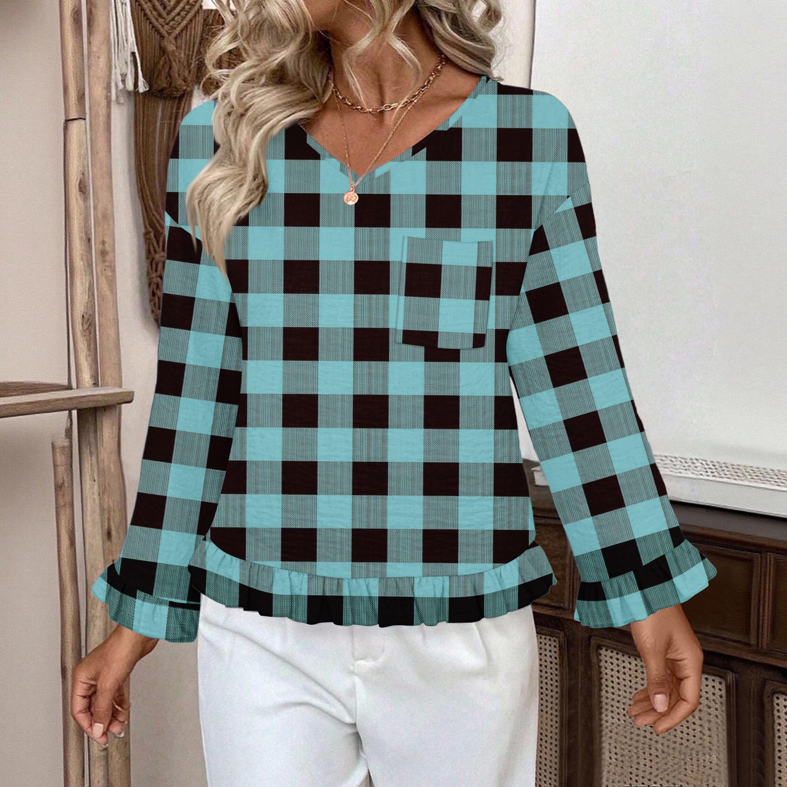 

Женский повседневный модный топ с оборками, V-образным вырезом, карманом и клетчатым принтом, с длинным рукавом XXL циан