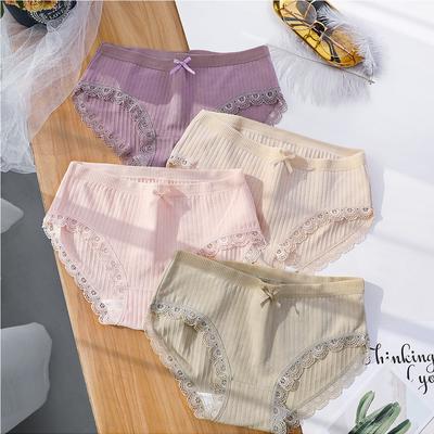 Fashion Bowknot Lace Underpants Mid-waist Cotton Panties Elastic Comfortable Solid Color Underpants