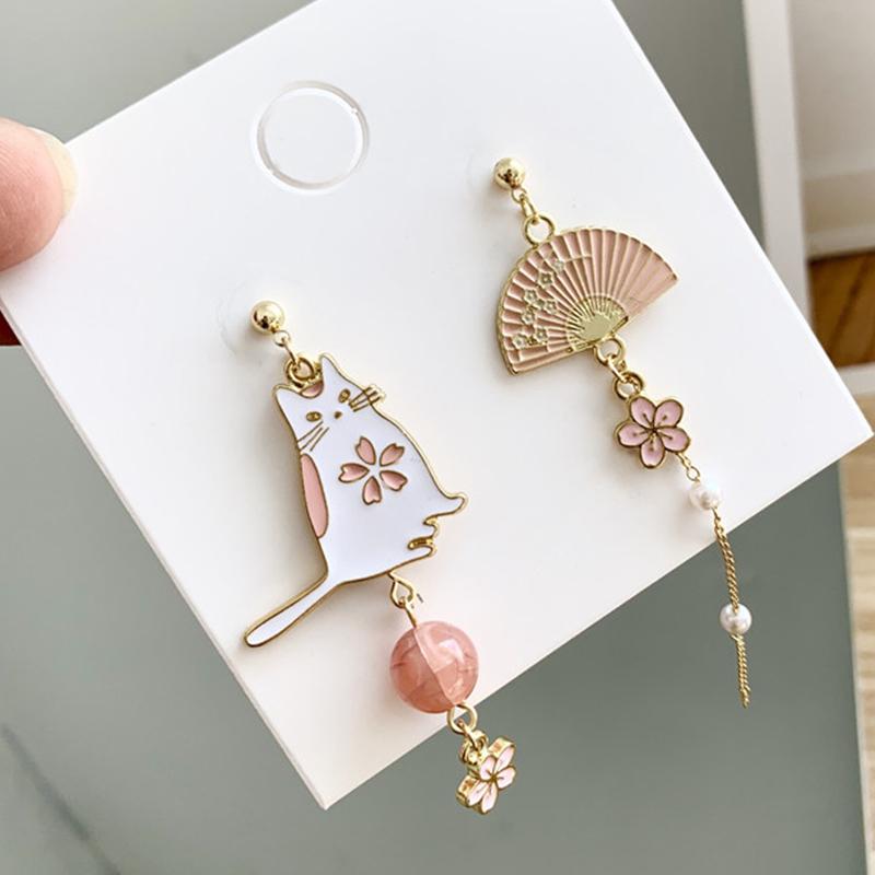 Vintage Chinese Style Flower Fan Earrings for Women Cute Asymmetrical Crane Cat Drop Earring Girls Party Daily Fashion Jewelry