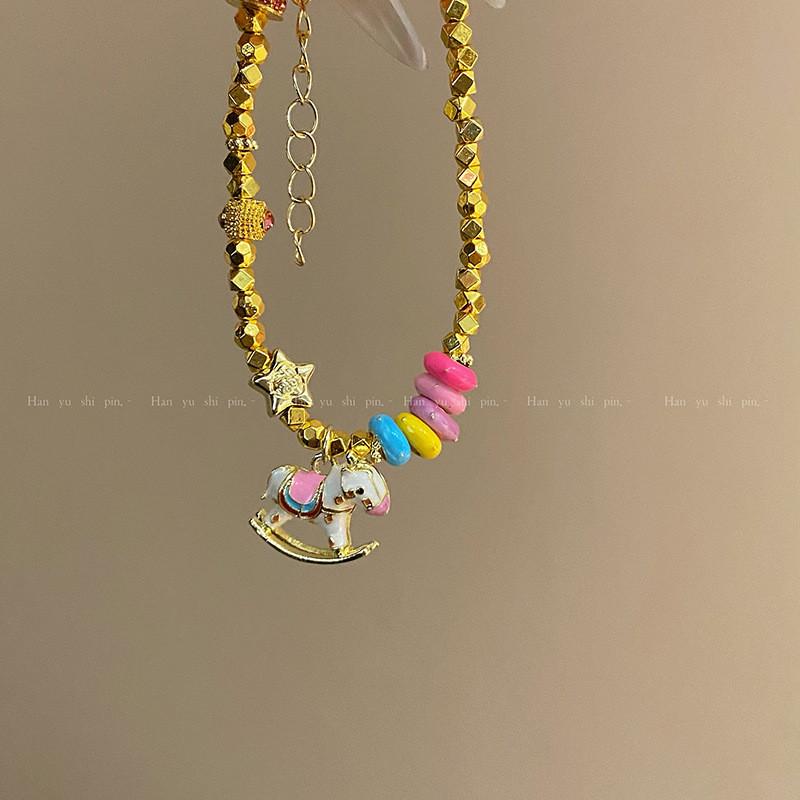 Colorful Cartoon Enamel Drip Oil Carousel Pendant Necklace And Bracelet For Kids