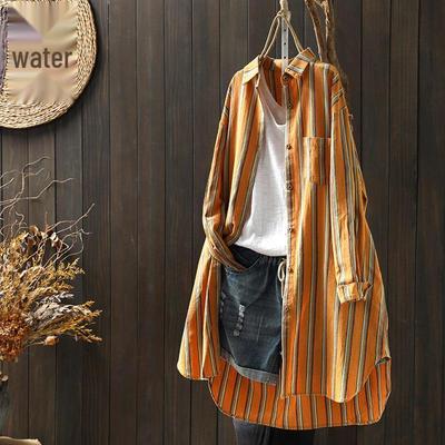 Women's Cotton Linen Vertical Stripe Long Sleeve Shirt - Retro Artistic Loose Mid-Length Jacket for Spring/Autumn 2026