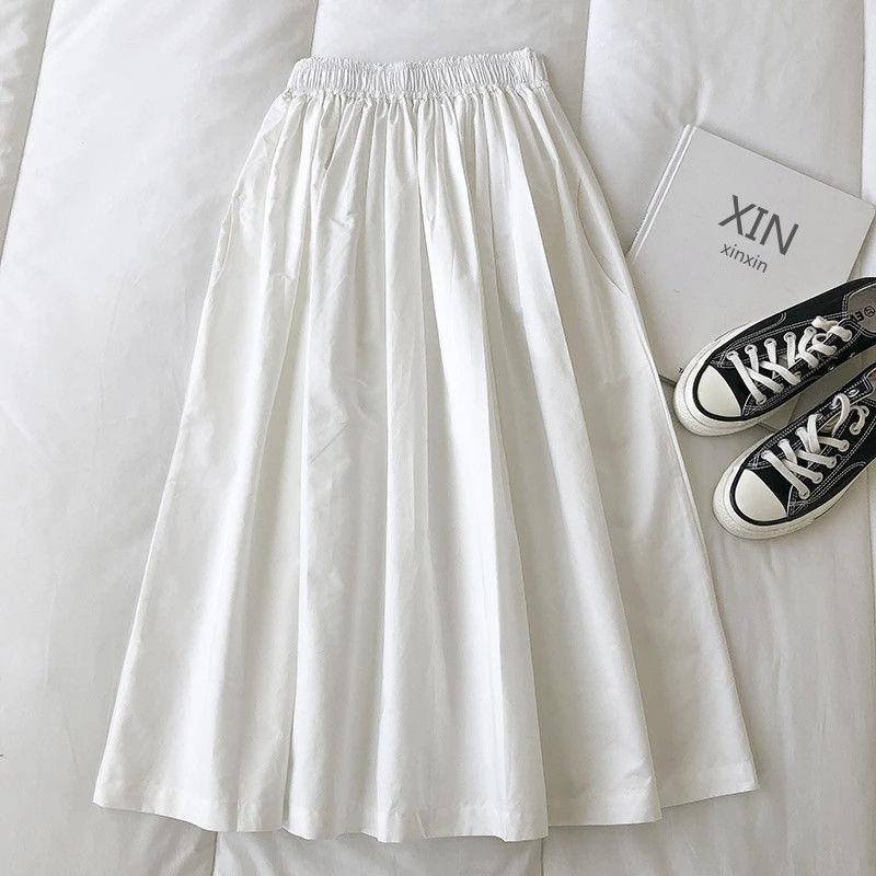 

Women White Long Skirt Fashion Pockets Pleated Knee Length Skirts Autumn Casual Elegant High Waist A Line Femme Skirts XXL