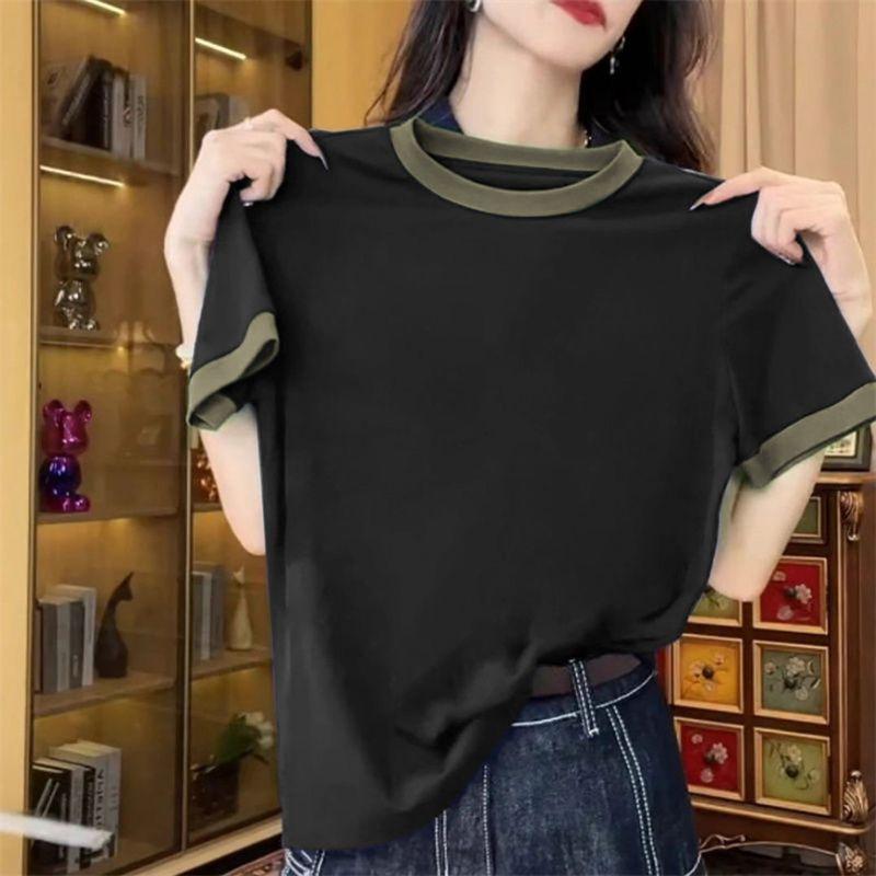 

Trade Leak-Picking Patchwork Contrast Color Pure Cotton Short sleeve T-shirt Women Summer Versatile Artistic Plus size round Neck Bottoming Shirt Top Black M