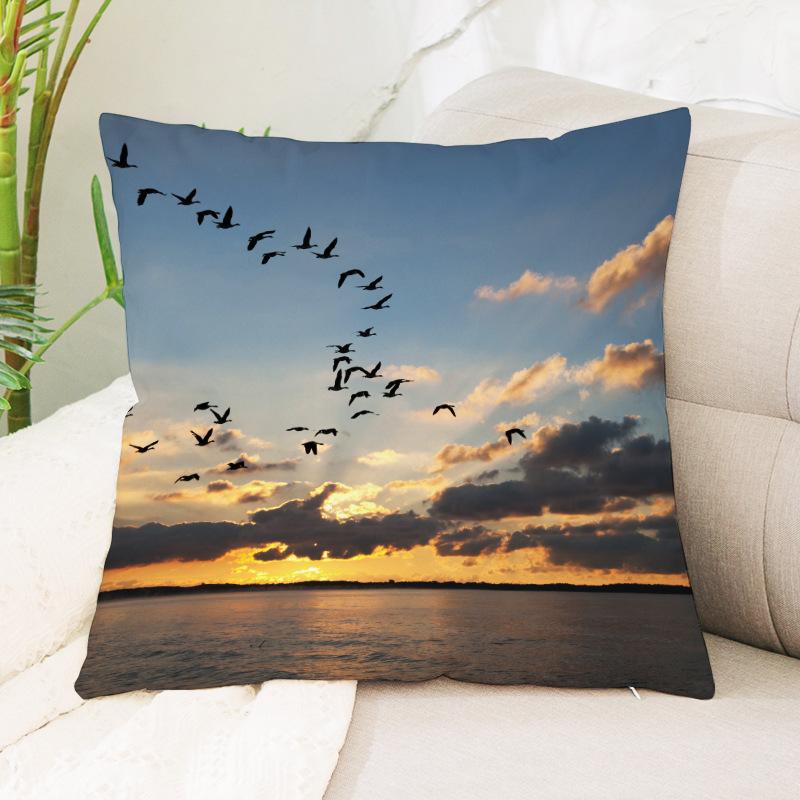 Seagull Beach Sunset Scenery Print Pattern Cushion Cover Home Living Room Sofa Decoration Waist Cushion Pillow Pillow Cover