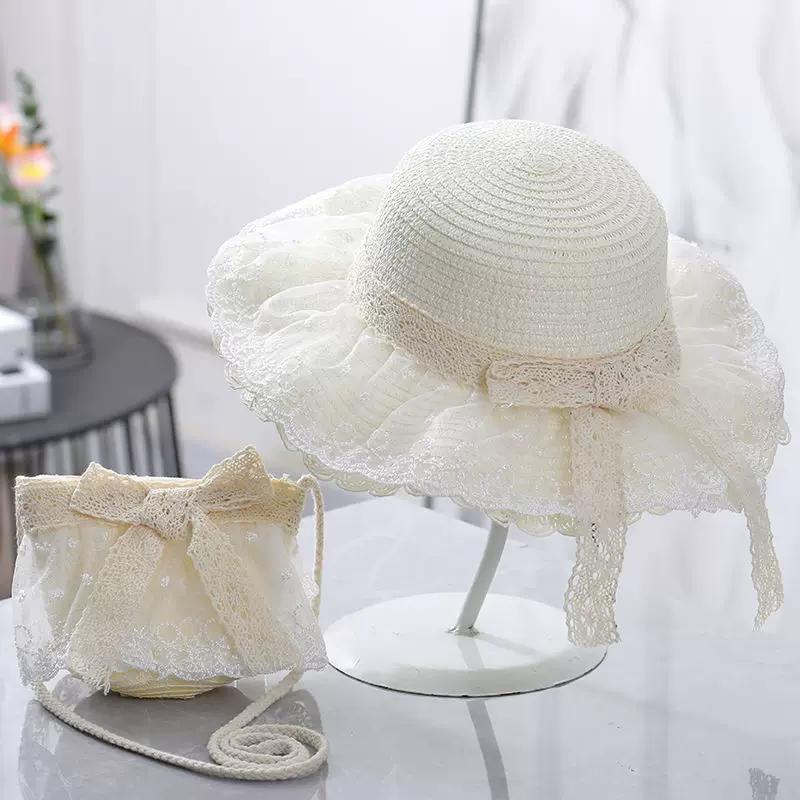 Children's Summer Sun Straw Hat Sunshade Little Girl Princess Lace Hat Big Brim with Rope Parent-child Hat Bag