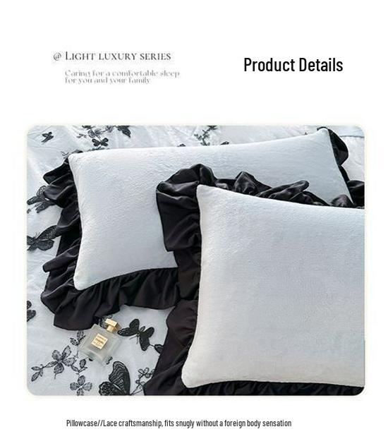 G5ZG5Z Korean Winter Velvet 4-Piece Set: Princess Style with Double-Sided Fleece and Lace Edging Quilt Cover.