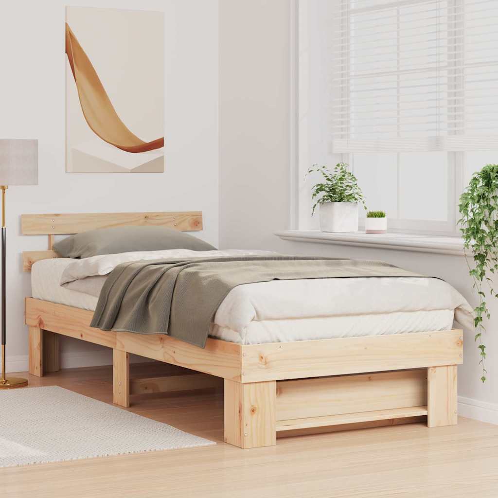 Brown Bed Frame with Headboard 75 X 190 Cm Solid Pine Wood