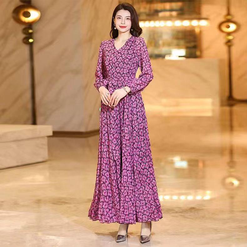 2025 Light Luxury Floral Slimming Long Dress for Women - Spring to Autumn