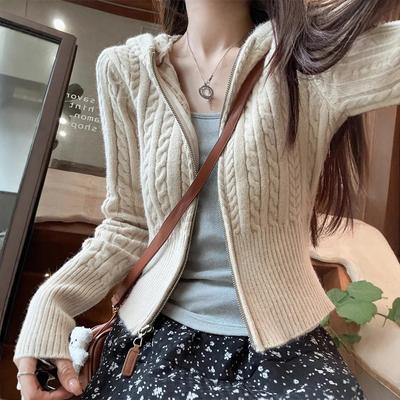 Cardigan Tricotat cu Fermoar și Glugă cu Răsuciri Scurte, Pulover Jachetă Slim-fit pentru Femei