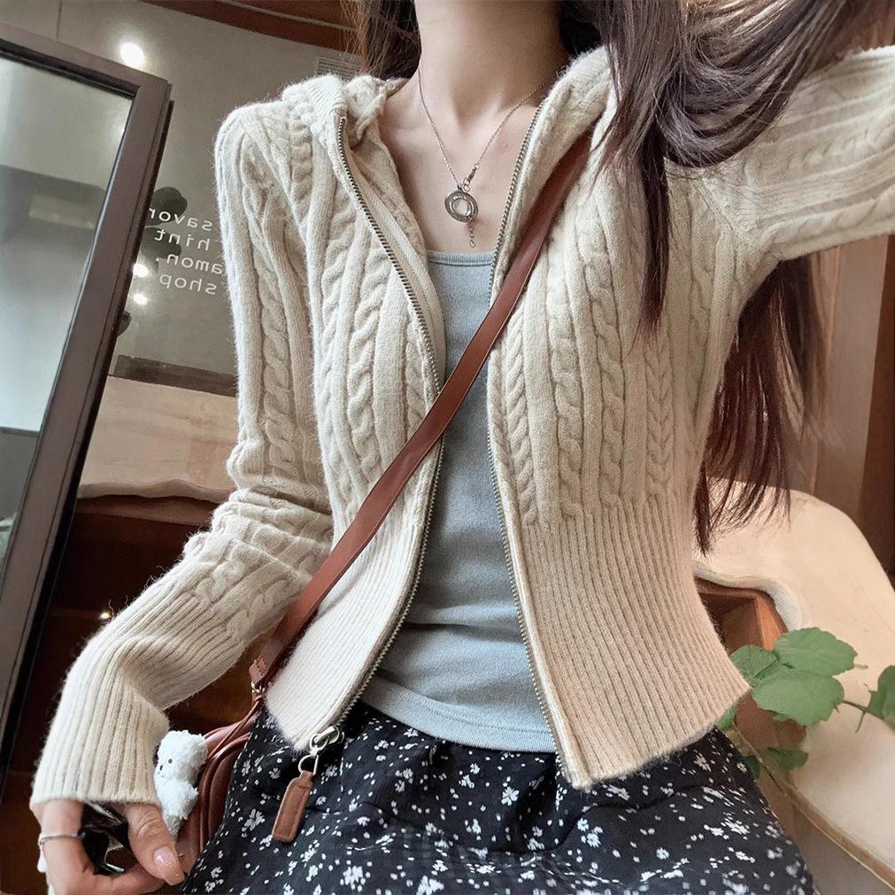 

Укороченный кардиган с капюшоном на молнии, вязаный, женский приталенный свитер-куртка one size абрикосовый