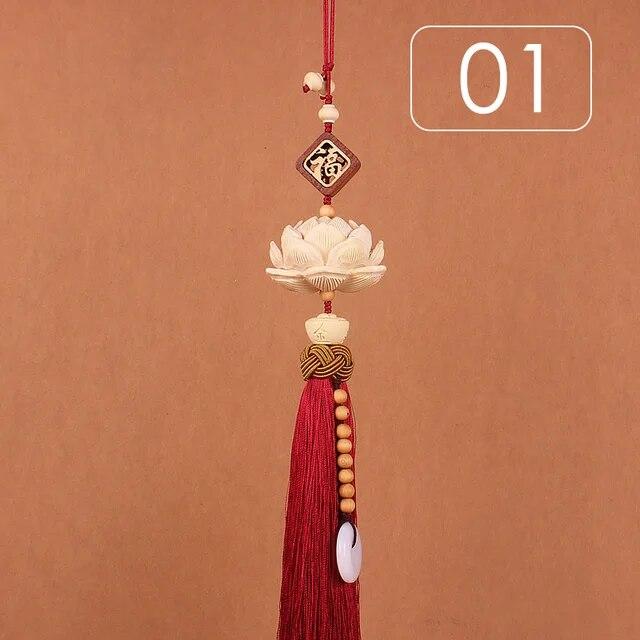 Chinese Style Lucky Fu Wooden Carved Lotus Buddha Statue Pendant Creative Gift Home Car Hanging Accessories Decor Auto Interior