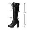 Fashion Winter Sweet Women Knee High Boots PU Leather Round Toe 7cm High Block Heels Bowtie Lace-up Lolita Lady Zipper Long Riding Boots