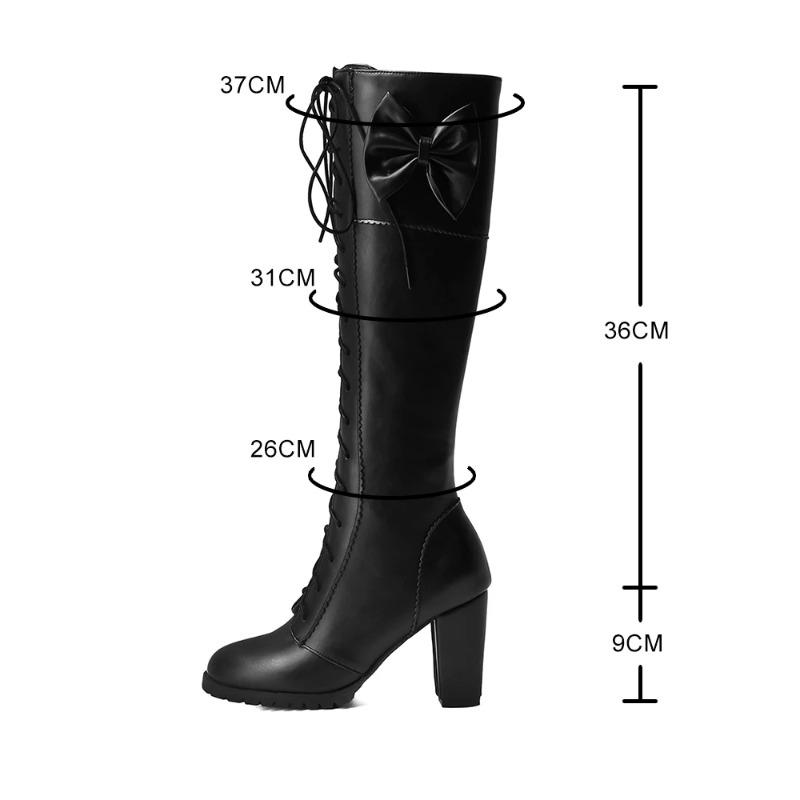 Fashion Winter Sweet Women Knee High Boots PU Leather Round Toe 7cm High Block Heels Bowtie Lace-up Lolita Lady Zipper Long Riding Boots