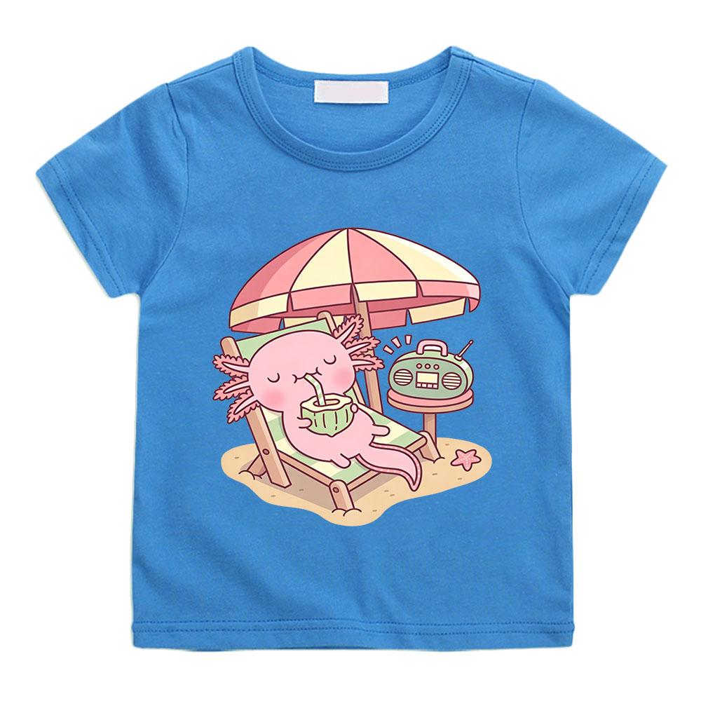 Cute Axolotl Children's T-shirts 100%cotton Drinking Coconut Water on The Beach  Funny Print Short Sleeve Boys Girls Tees Anime T-shirt Summer clothes