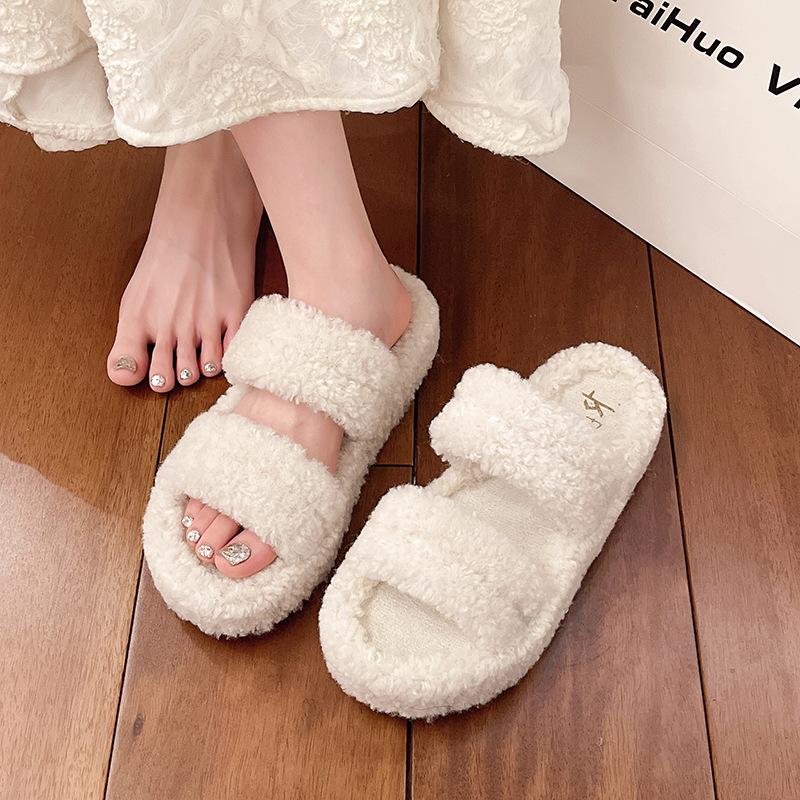 Women’s Cross Band Fur Slippers Indoor Furry Fuzzy Open Toe Shoes Warm Slides Double Straps Slipper Soft Sole Non Slip