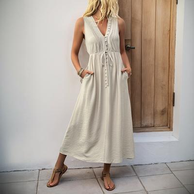 Robe Blouse d'Été Nouveau Style Couleur Unie Col en V Confortable et Ample Sans Manches pour Femmes