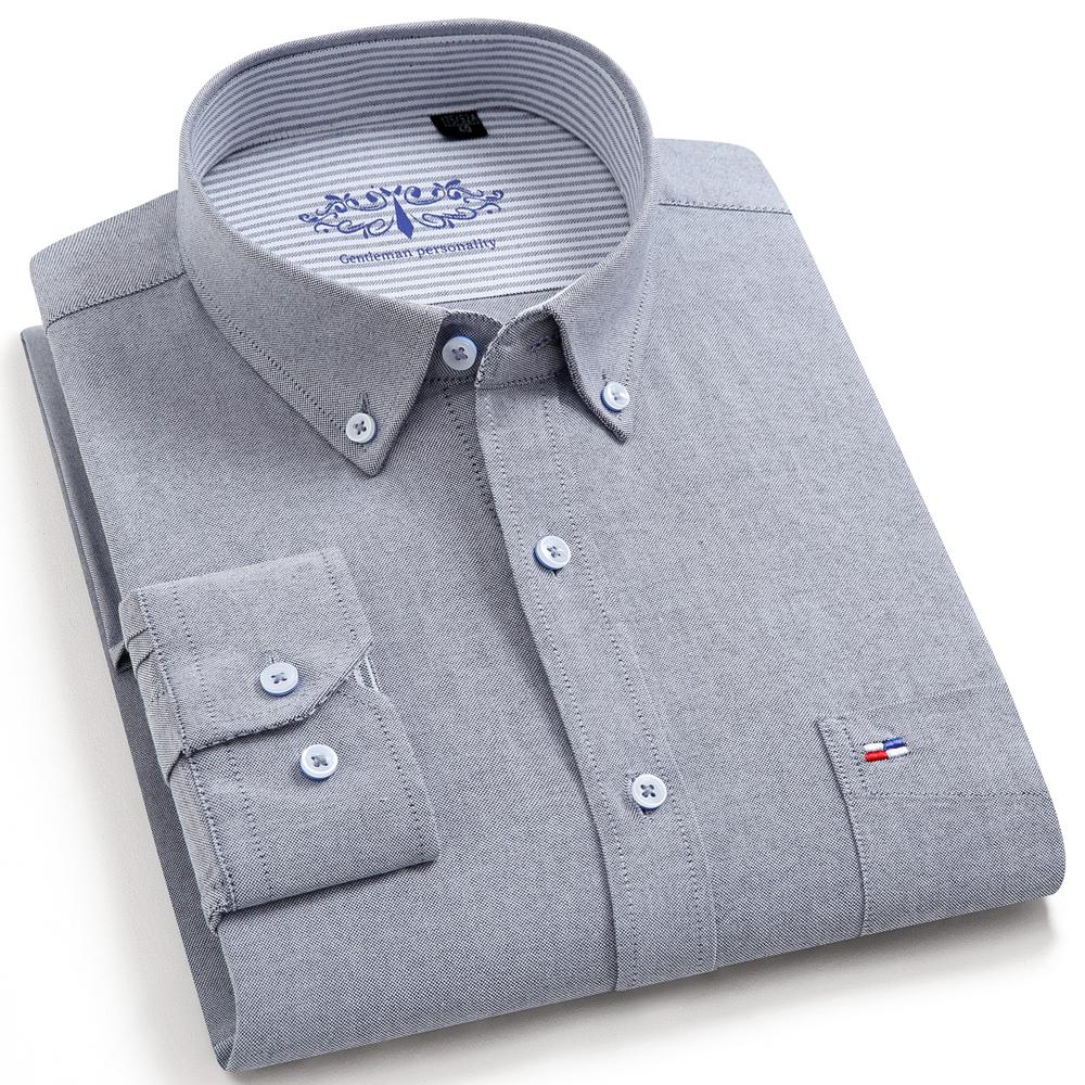 Men's Solid Oxford Long Sleeve Dress Shirts Patch Chest Pocket Regular Fit Spring Fall Smart Casual Button Down Shirts