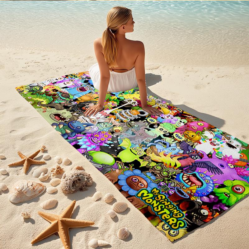 1Pc Colorful Monster Collage Beach Towel, Quick Dry, Multi-Use for Beach Pool Gym Yoga Home Travel, Christmas, Halloween, Xmas Gift M928838