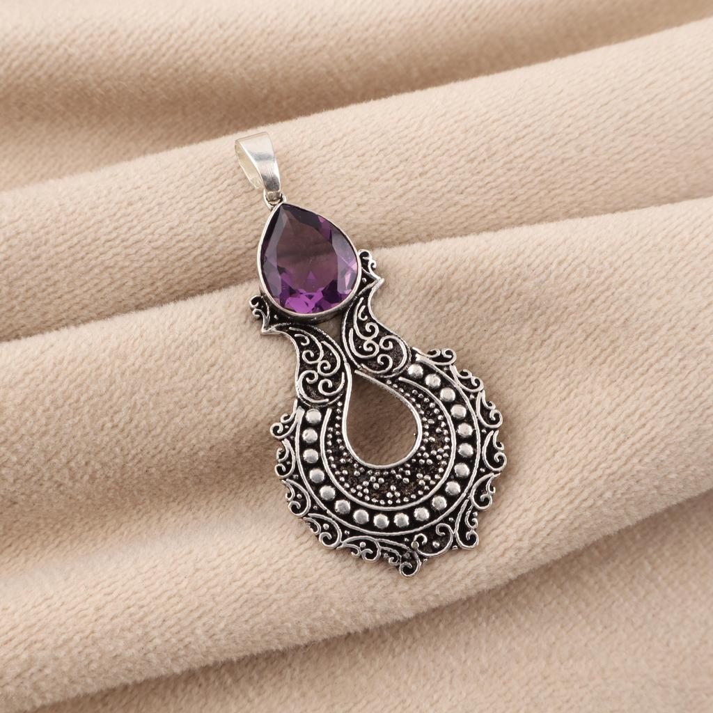 Amethyst Gemstone 925 Sterling Silver Handmade Jewelry Designer Pendant 1.8" For Your Love CP-45-2