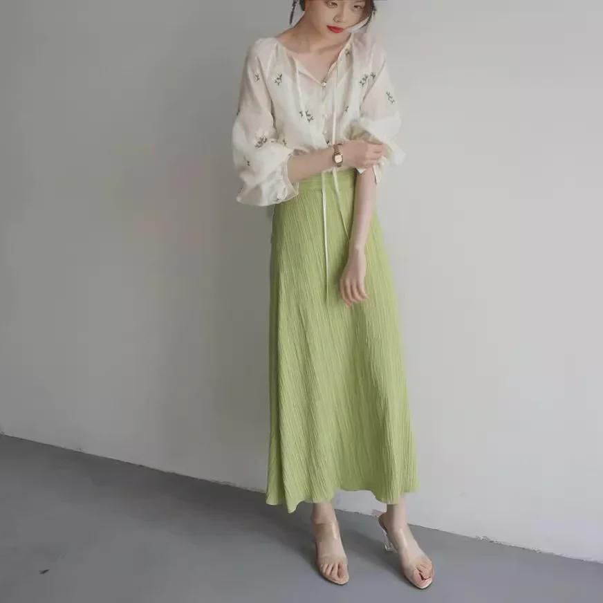 JOJOZ Vintage Tencel Shirt with Apricot Floral Embroidery & Green Leaf Tie-Up Lantern Sleeves - Perfect for Spring/Summer.