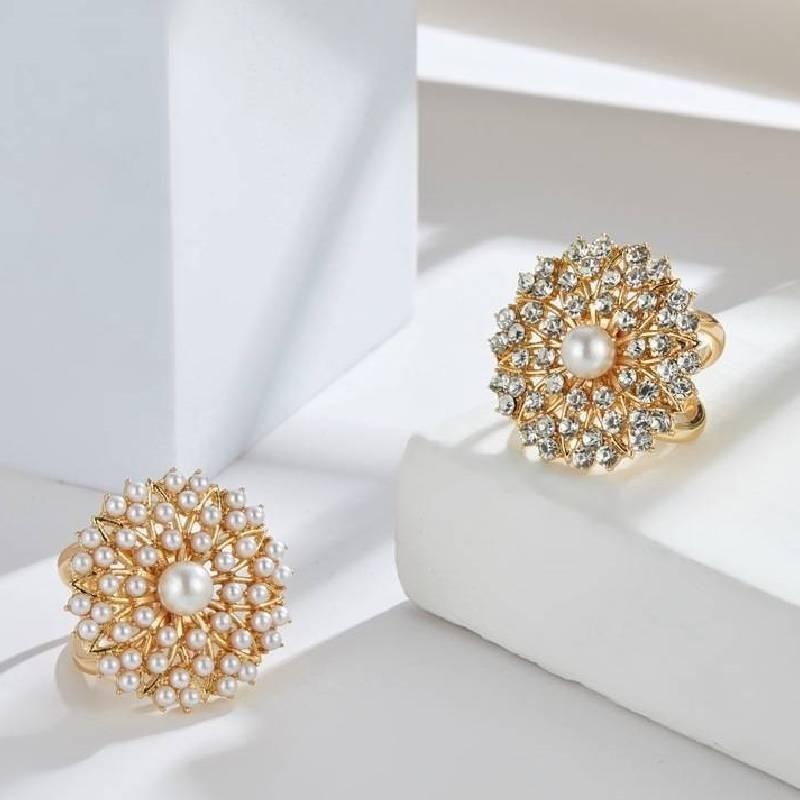 Trendy Pearl Studded Floral Scarf Ring Elegant Alloy Jewelry For Ladies