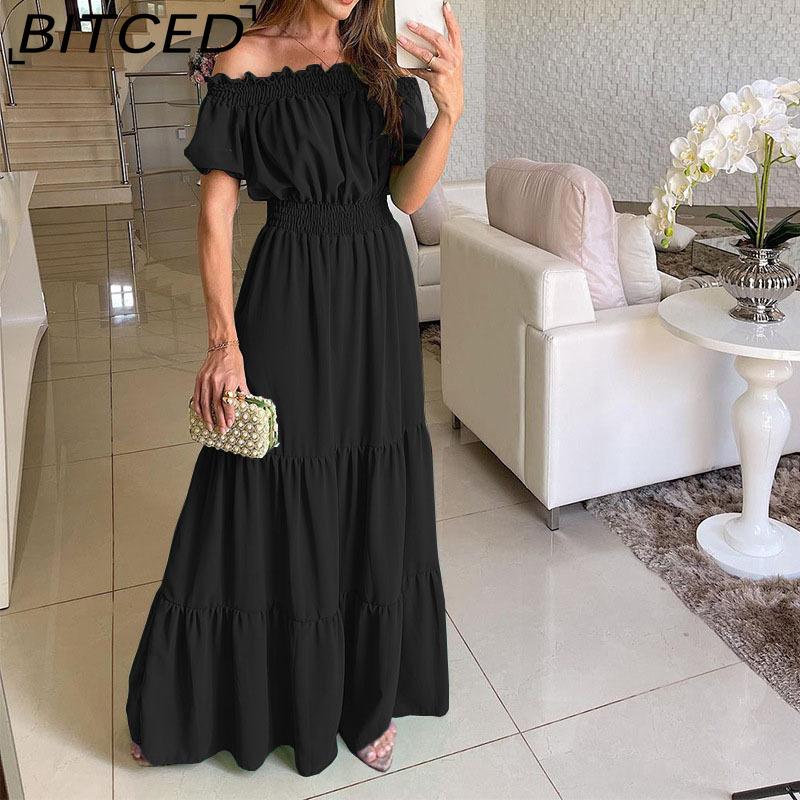 BITCED Long Dress with Open Back and Elastic Waist Popular Bohemian Style with Open Shoulders