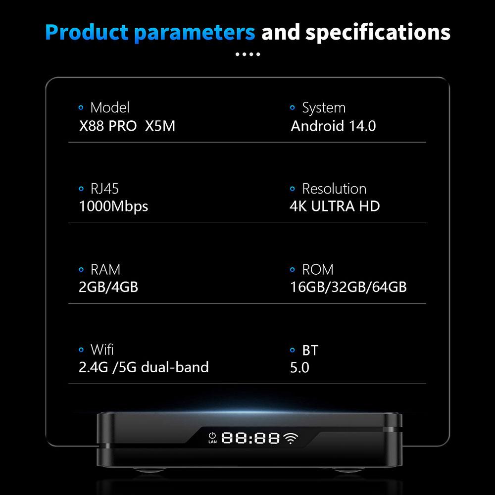 X88 Pro X5M TV Box Android14 Amlogic S905X5M Support 4K HDR Dual Wifi BT5.0 Set Top Box