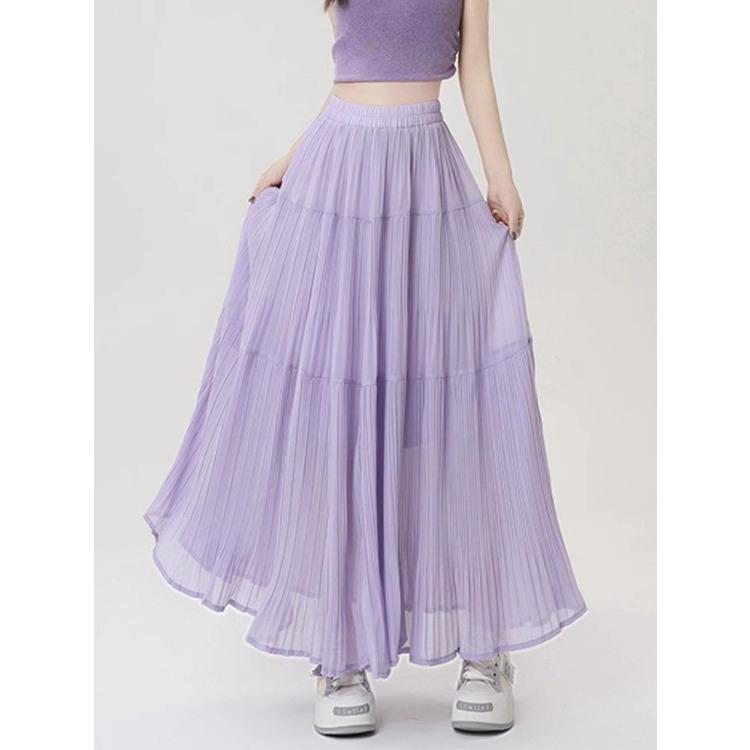 Elegant Purple Chiffon Pleated Half Skirt for Women, Summer High Waist Slim A-line Umbrella Long Swing Skirt