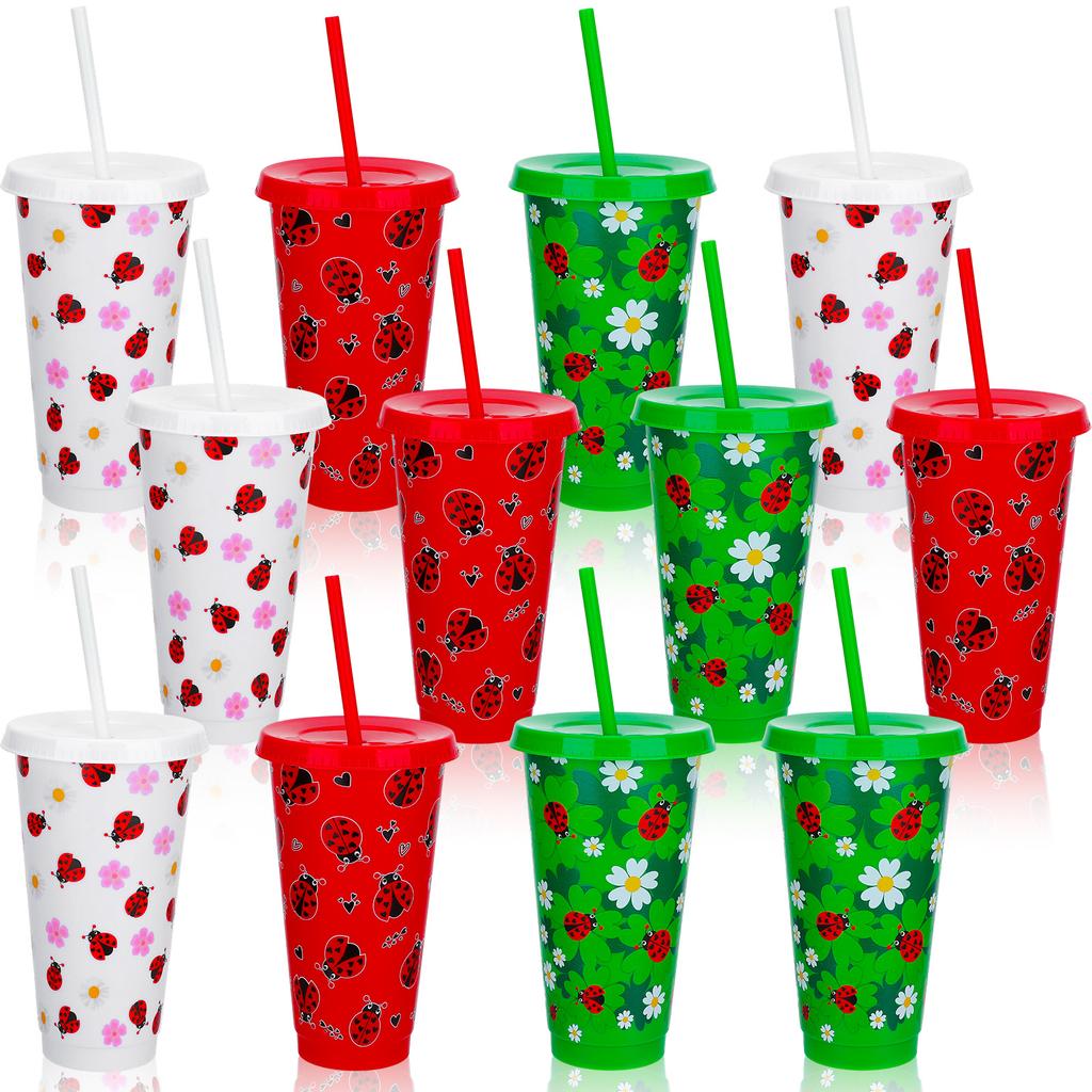 12 Pcs Ladybug Birthday Party Cups 24Oz Plastic Tumblers With Lids And Straws Reusable Iced Coffee Water Bottle Cold Beverage Dr