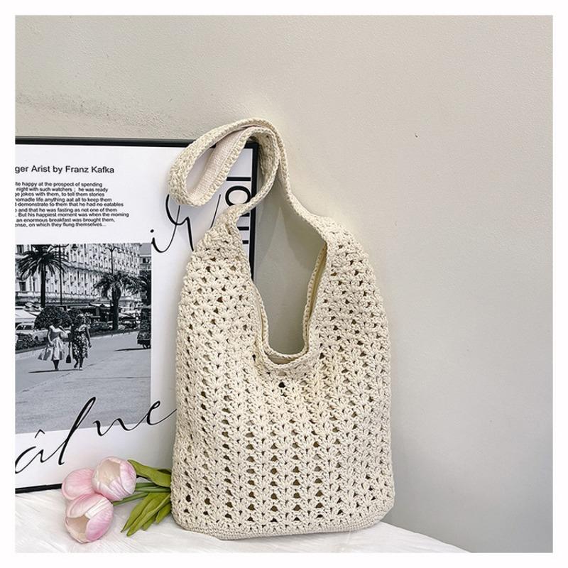 Spring Hollow Woven Bag Women's New Vacation Beach Bag Commuter Shoulder Tote Bag Knitted Bag