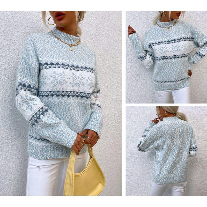 European Autumn and Winter Fashion Christmas Christmas Snowflake Pattern Half-high Collar Long sleeve Knit sweater Women Sweater