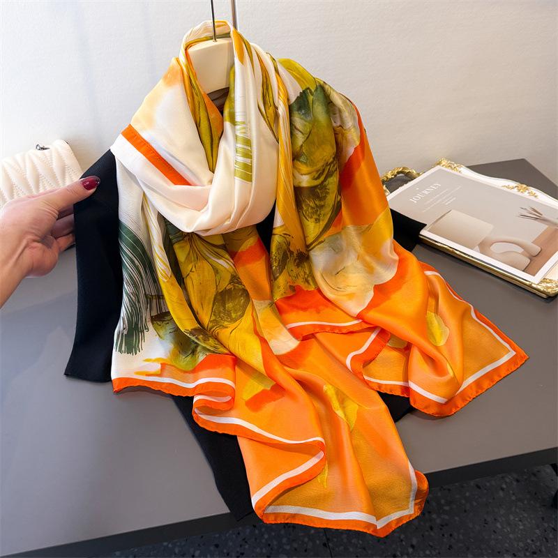 Koreanische Version von Dünndruck Simulationsseide Brokat Sonnenschutz Vitalität Naturseide Schal Langer Schal Stola Vielseitiges Kopftuch Schal