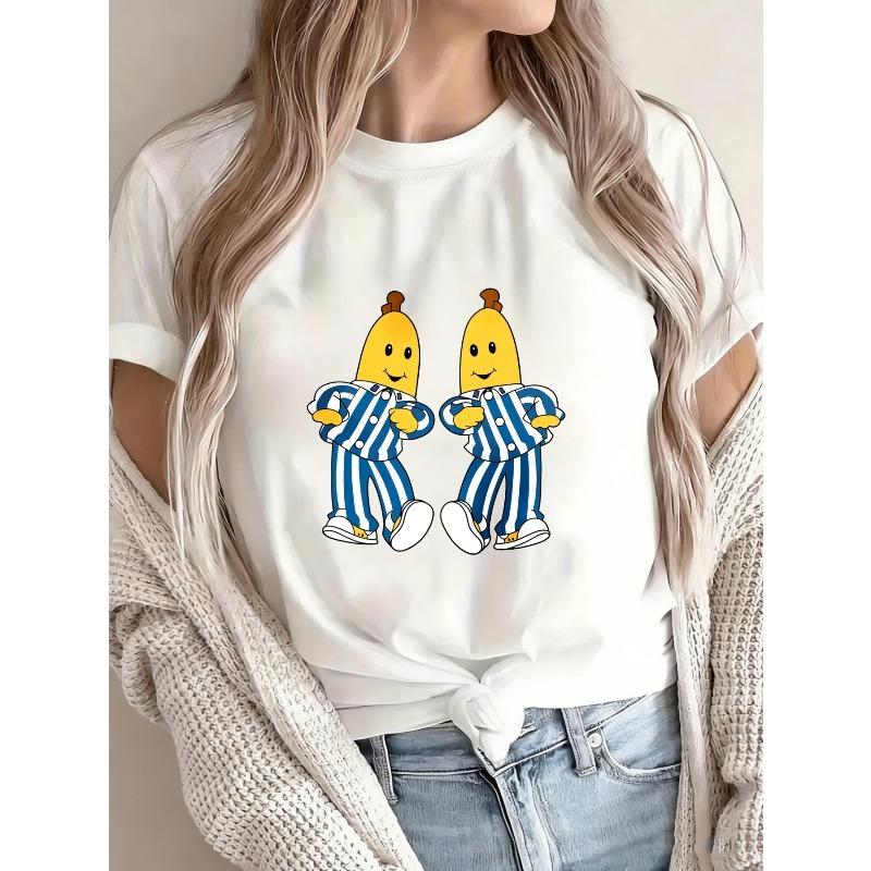 Crewneck T Shirt White Banana Characters In Striped Suits Casual Wear For Women Summer Outfits Fun Graphic Tee Fashionable Top