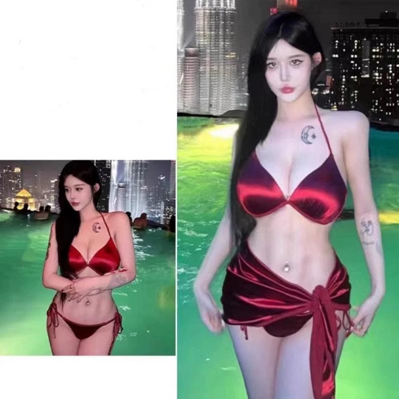 Burgundy Ultra-Sexy Women's Three-Piece Bikini Set for Beach & Hot Springs