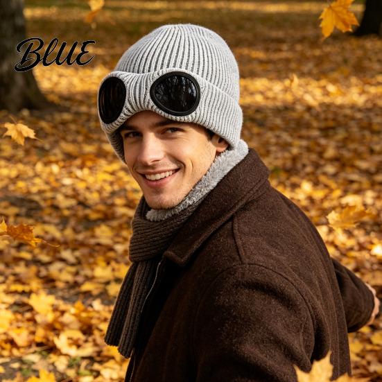 Caldo Berretto Morbido in Acrilico Lavorato a Maglia con Occhiali Unisex Cappello Invernale Foderato in Pile Antivento Termico Cuffia per Ciclismo Sci Moda da Strada