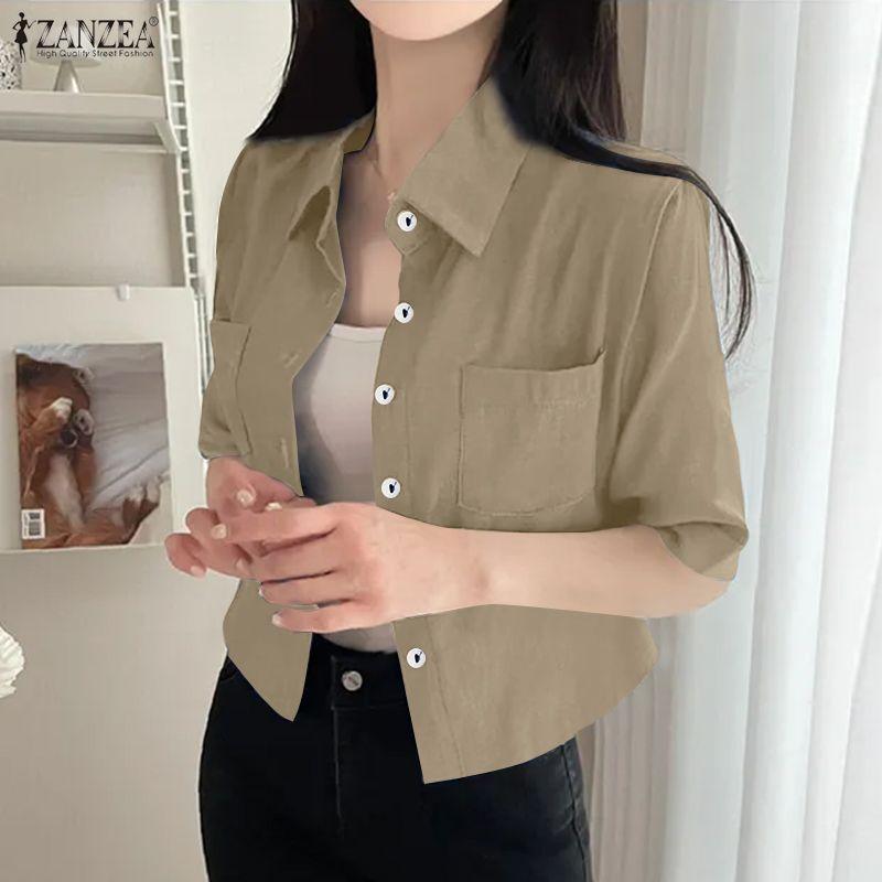 ZANZEA Women Casual Turn Down Collar Loose Summer Short Sleeve Blouse
