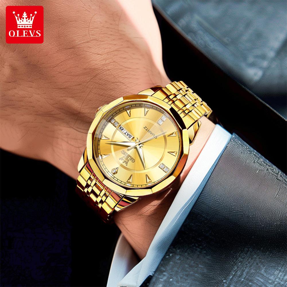 OLEVS Fashion Classic Dual Calendar Quartz Watch For Men Rhombus Mirror Luxury Wristwatch Waterproof Original Man Watches