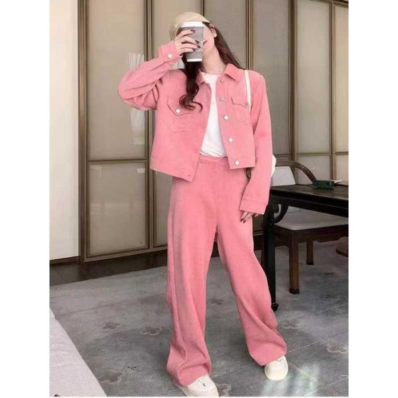 

Plus Size Women s Trendy Sports Suit: Spring/Autumn Two-Piece Jacket & Wide-Leg Pants M розовый