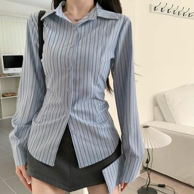 Damen Blau Gestreiftes Taillenoberteil Langarmhemd