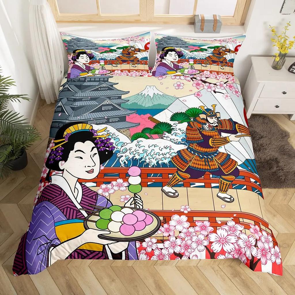 Japanese Fuji Mountain Duvet Cover Set Crane Bedding Set Watercolor Nature Tree Branches Comforter Cover Traditional Quilt Cover