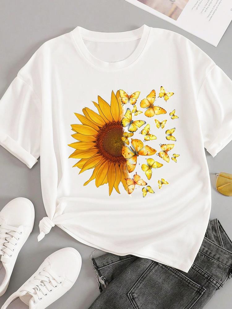 (Asian Size) trend love flower Short Sleeve T-shirts Women's Top T Female Print  Fashion O-neck Casual Clothing  Graphic Tee